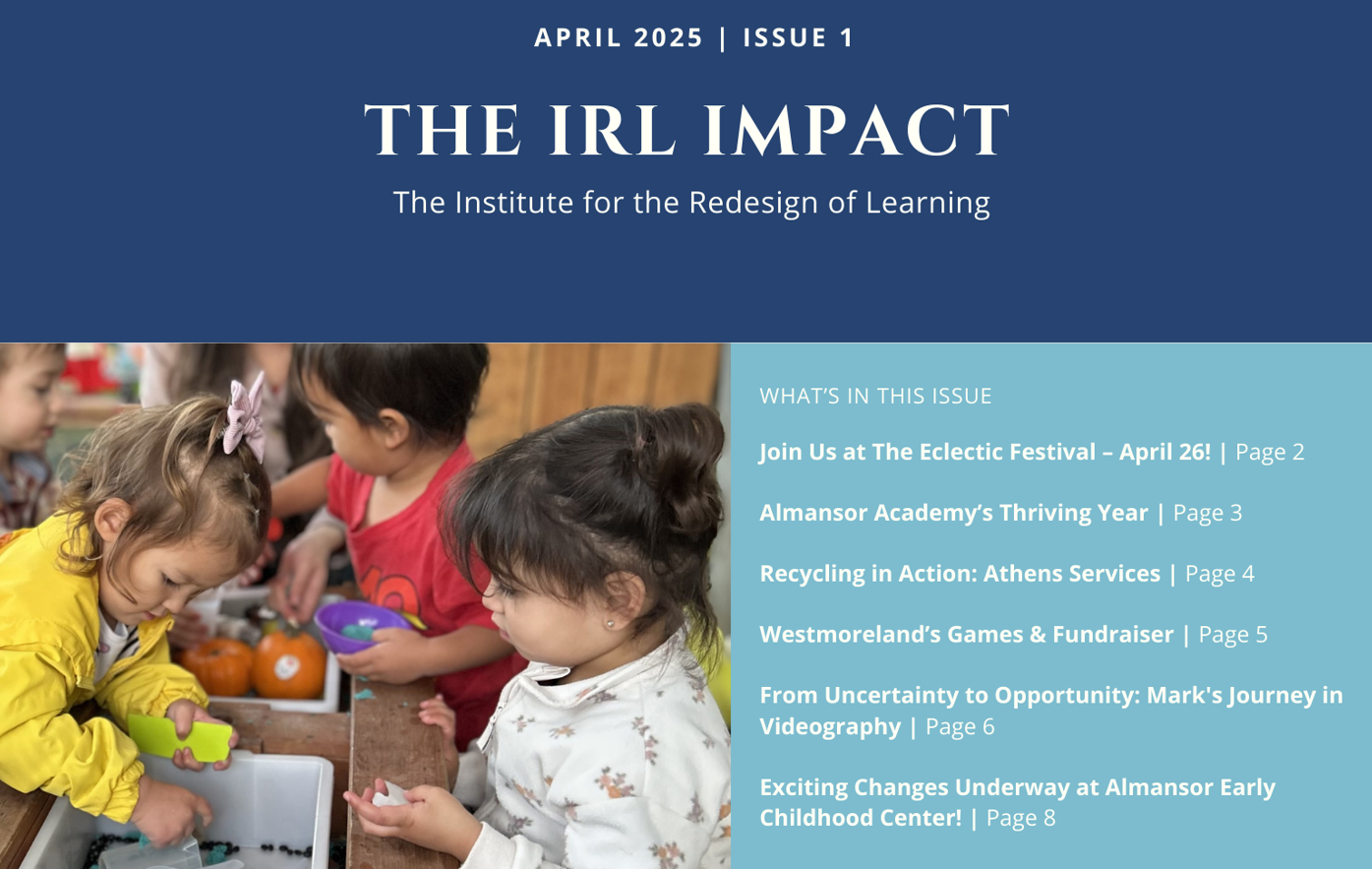 IRL Newsletter Cover, April 2025. kids playing